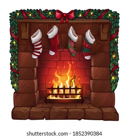 Christmas Fireplace Isolated On White. Vector Illustration