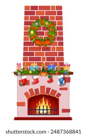 Christmas fireplace isolated on a white background. fireplace with socks, candle balls gifts and wreath. Happy new year decoration. Merry christmas holiday. Vector illustration flat style