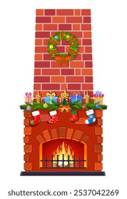 Christmas fireplace isolated on a white background. fireplace with socks, candle balls gifts and wreath. Happy new year decoration. Merry christmas holiday. Vector illustration flat style