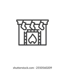 Christmas Fireplace line icon. linear style sign for mobile concept and web design. Fireplace with Christmas stocking outline vector icon. Symbol, logo illustration. Vector graphics