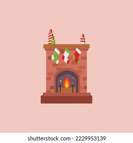 Christmas fireplace made with vibrant colors inside of a pink background 