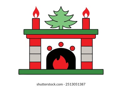 Christmas fireplace mantle vector line art, clipart illustration with isolated on white background