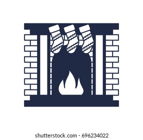 Christmas fireplace. Monochrome christmas fireplace with hanging stocking icon isolated on white background. Xmas eve or new year decoration vector illustration
