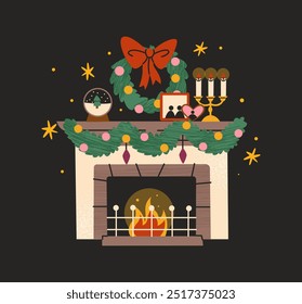 Christmas fireplace with New Year decor: socks, gifts, Christmas tree, and decorations. Scandinavian style, cozy warm hearth. Winter cartoon fireplace with burning fire