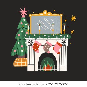 Christmas fireplace with New Year decor: socks, gifts, Christmas tree, and decorations. Scandinavian style, cozy warm hearth. Winter cartoon fireplace with burning fire