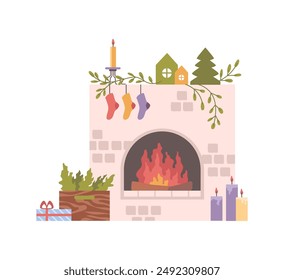 Christmas fireplace, New Year decorative candles flat cartoon vector illustration. Home fire place with stockings, gift box and Xmas decoration. Warm cozy winter holiday mantelpiece furnace