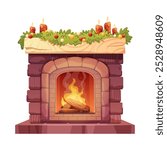 Christmas fireplace on white background. Brick fireplace with fire, Christmas garland and candles. Vector illustration of cozy winter
