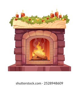 Christmas fireplace on white background. Brick fireplace with fire, Christmas garland and candles. Vector illustration of cozy winter