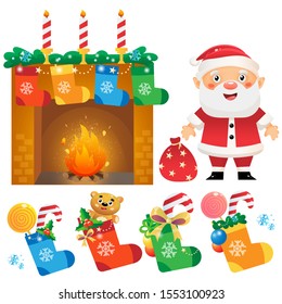 Christmas fireplace with ornaments. Santa Claus. Socks, Christmas boots with gifts, toys and sweets. Christmas. New year. Decorative set for kids.