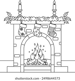 Christmas Fireplace Outline Coloring Page. Happy New Year hand drawn colouring 