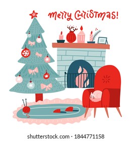 Christmas fireplace room interior in colorful scandinavian flat style. Christmas tree, decoration, red armchair, fireplace. Cozy noel xmas night celebration interior vector illustration