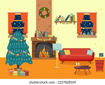 Christmas fireplace room interior in colorful cartoon flat style.
