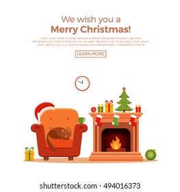 Christmas fireplace room interior in colorful cartoon flat style. Christmas tree, gifts, decoration, armchair, fireplace, santa heat. Cozy noel xmas night celebration interior vector illustration.