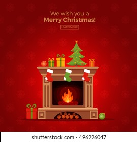 Christmas fireplace room interior in colorful cartoon flat style. Christmas tree, gifts, decoration, fireplace. Cozy noel xmas night celebration interior vector illustration.
