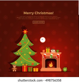 Christmas fireplace room interior in colorful cartoon flat style. Christmas tree, gifts, decoration, fireplace. Cozy noel xmas night celebration interior vector illustration.