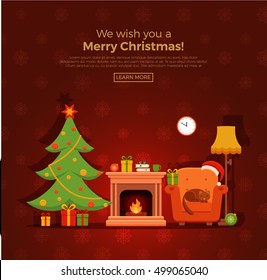 Christmas fireplace room interior in colorful cartoon flat style. Christmas tree, gifts, decoration, armchair, fireplace, santa heat. Cozy noel xmas night celebration interior vector illustration.