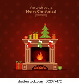 Christmas fireplace room interior in colorful cartoon flat style. Christmas tree, gifts, decoration, fireplace. Cozy noel xmas night celebration interior vector illustration.