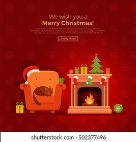 Christmas fireplace room interior in colorful cartoon flat style. Christmas tree, gifts, decoration, armchair, fireplace, santa heat. Cozy noel xmas night celebration interior vector illustration.