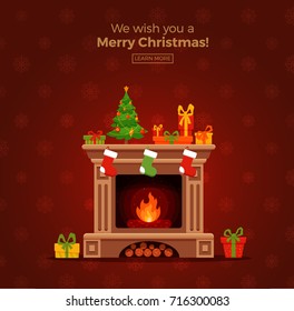 Christmas fireplace room interior in colorful cartoon flat style. Christmas tree, gifts, decoration, fireplace. Cozy noel xmas night celebration interior vector illustration.