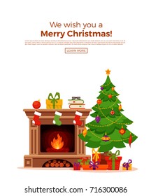 Christmas fireplace room interior in colorful cartoon flat style. Christmas tree, gifts, decoration, fireplace. Cozy noel xmas night celebration interior vector illustration.