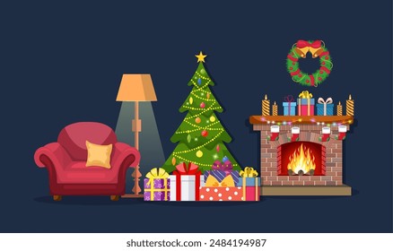 Christmas fireplace room interior. Christmas tree, gifts, decoration, sofa, fireplace. Cozy noel xmas night celebration interior vector illustration in flat style.