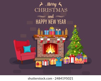 Christmas fireplace room interior. Christmas tree, gifts, decoration, sofa, fireplace. Cozy noel xmas night celebration interior vector illustration in flat style.