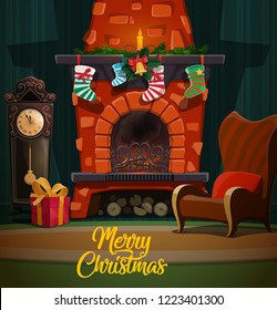 Christmas fireplace in room interior with Xmas and New Year winter holidays gifts, Santa stockings and fir tree garland, chairs, clock and candle, holly and bell. Merry Christmas vector design