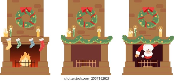 Christmas fireplace. Santa Claus looks out from the fireplace. Hand drawn Christmas vector illustration. For Christmas cards, banners and labels. Holiday character.