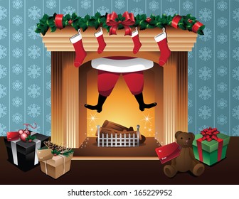 Christmas fireplace, Santa Claus magically flies back up the fireplace after leaving gifts. EPS 10 vector, grouped for easy editing. No open shapes or paths.