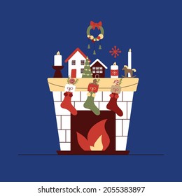 Christmas fireplace with Santa stockings, candles, houses and wreath. Festive brick fireplace on New year's night. Christmas decor. Merry Christmas vector design, flat style