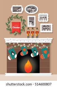 christmas fireplace seasons greetings template vector/illustration