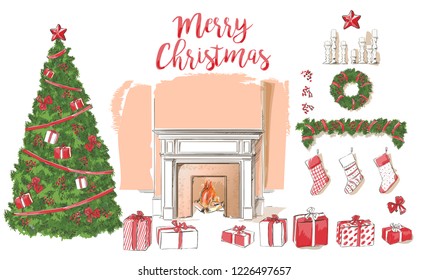 Christmas fireplace. Set of Xmas and fire, home decoration, interior for celebration. vintage isolated sketch hand drown