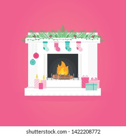Christmas fireplace. Set of Xmas and fire, decoration, interior for celebration.