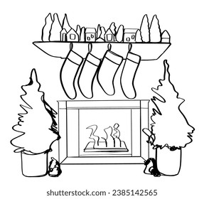 Christmas fireplace with sock. Linear drawing. Outline winter interior design element vector illustration