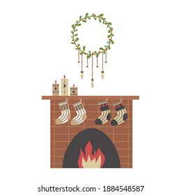 Christmas fireplace, socks, candles, wreath