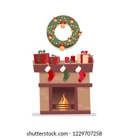 Christmas fireplace with socks, decorations, gift boxes, candeles, socks and wreath on a white background. Cozy flat cartoon style vector illustration.