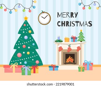 Christmas fireplace with socks, decorations, gift boxes and christmas tree. Cute flat style.