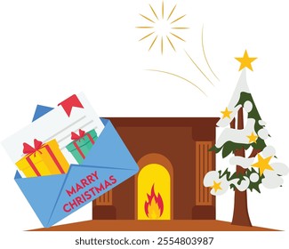 Christmas fireplace with socks, decorations and Christmas tree. Flat style vector illustration.

