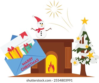 Christmas fireplace with socks, decorations and Christmas tree. Flat style vector illustration.

