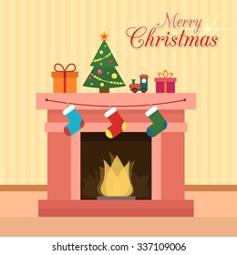 Christmas fireplace with socks, decorations and christmas tree. Flat style vector illustration.