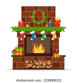 Christmas fireplace with socks, decorations and a wreath. Vector illustration.