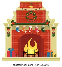 Christmas fireplace with socks, gifts, decorations and wreath. Sample of the poster, invitation and other cards. Flat style vector illustration.