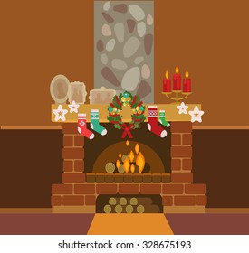 Christmas fireplace and Christmas socks. Vector flat illustration