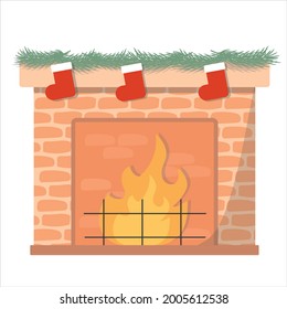 Christmas fireplace with socks vector illustration. Christmas Decoration around fire place.