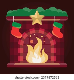 Chimenea de Navidad con medias de Navidad. Ilustración vectorial en estilo plano.