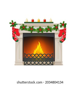 Christmas fireplace with socks. Vector traditional home fire place with burning fire, candles, xmas holly berry garland, forgery and grating. Indoors chimney, cartoon vintage fireside, heating system