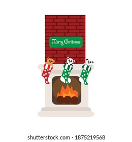 Christmas fireplace with socks waiting for santa claus arrival. Vector illustration