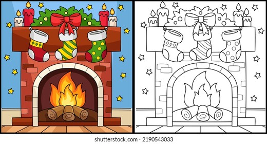 Christmas Fireplace with Stocking Coloring Page