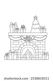 Christmas fireplace with stockings and decorations. Christmas doodle book coloring page. Outline illustration. Black and white.