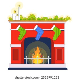 Christmas fireplace stockings hanging 2D cartoon object. Xmas fire place with festive socks candlelights adornments isolated element flat vector clipart on white background. Spot illustration